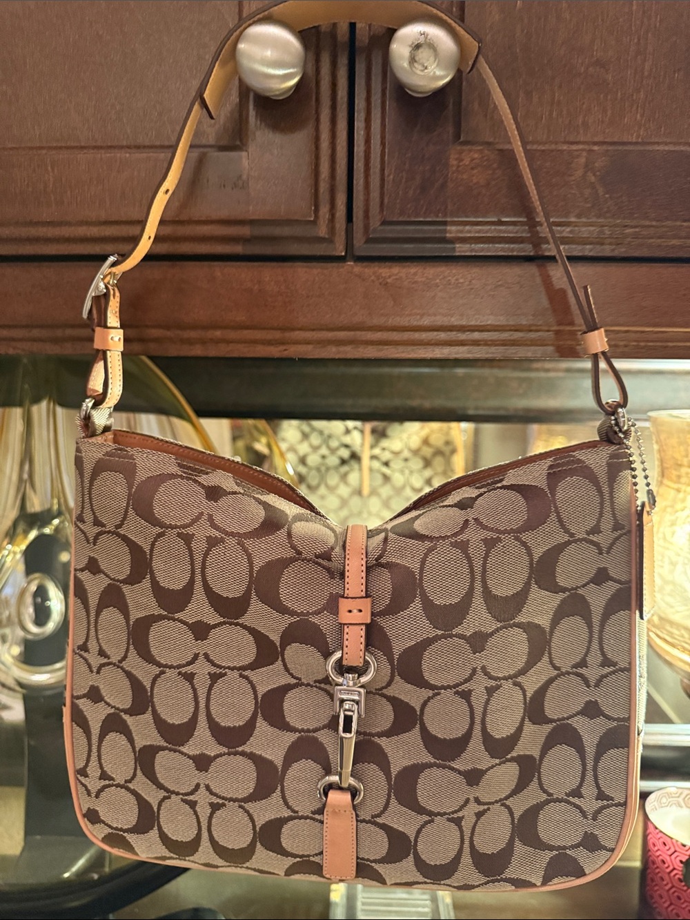 Coach Signature Two-Tone Brown Jacquard Canvas Shoulder Bag w/ Tan Leather Trim